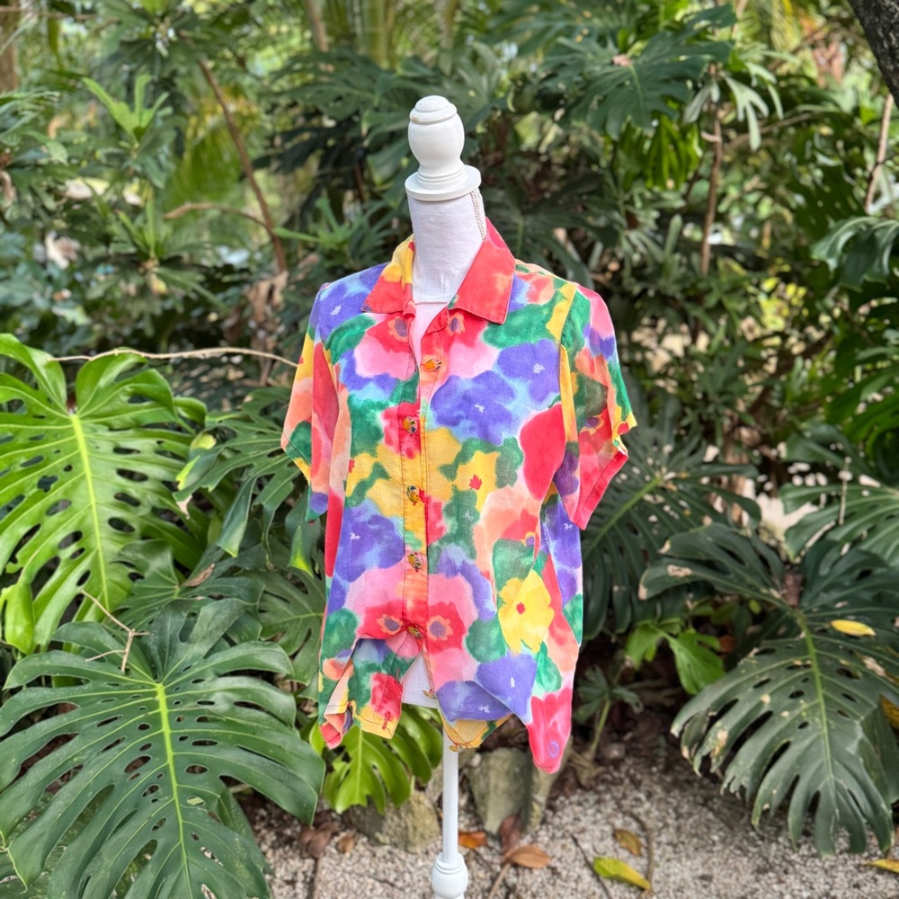 Vintage 60s Collared Multicolor Abstract Floral Button Down Shirt